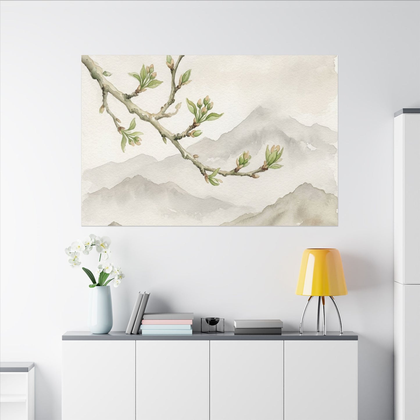 Spring Mountain Mist Watercolor Canvas Art | Cozy Decor