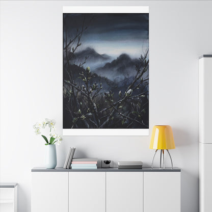 Mountain Mist Spring Canvas Art | Dark Japandi Atmospheric Design