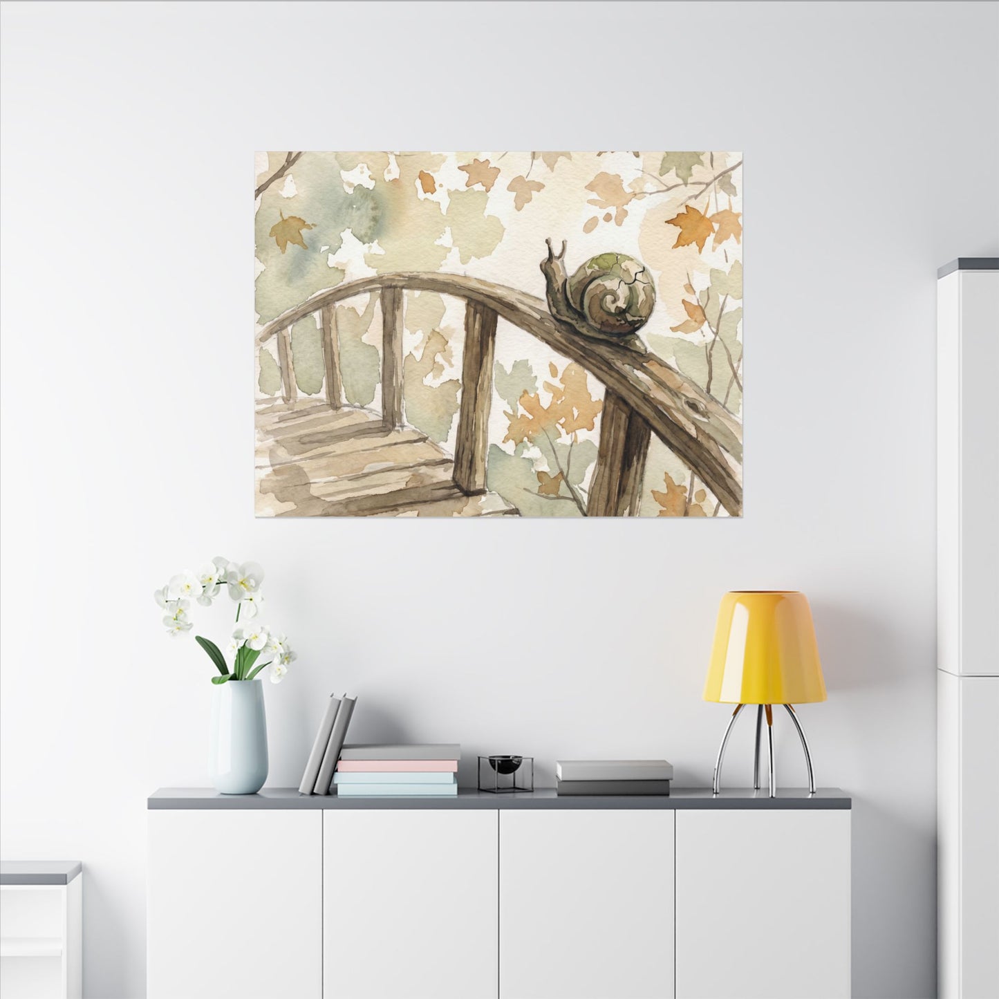 Wooden Bridge Canvas Art | Autumn Japandi Watercolor Art
