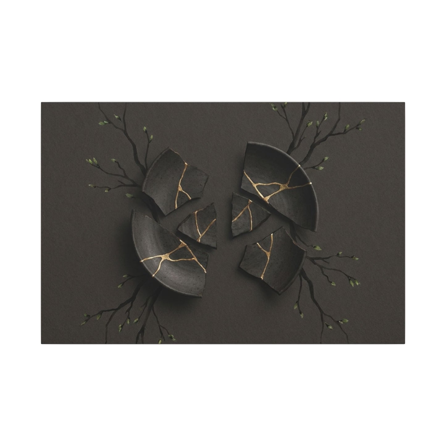 Sophisticated Broken Pottery Canvas Art - Charcoal Ink Dark Japandi