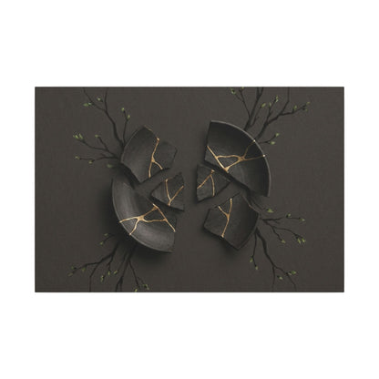 Sophisticated Broken Pottery Canvas Art - Charcoal Ink Dark Japandi