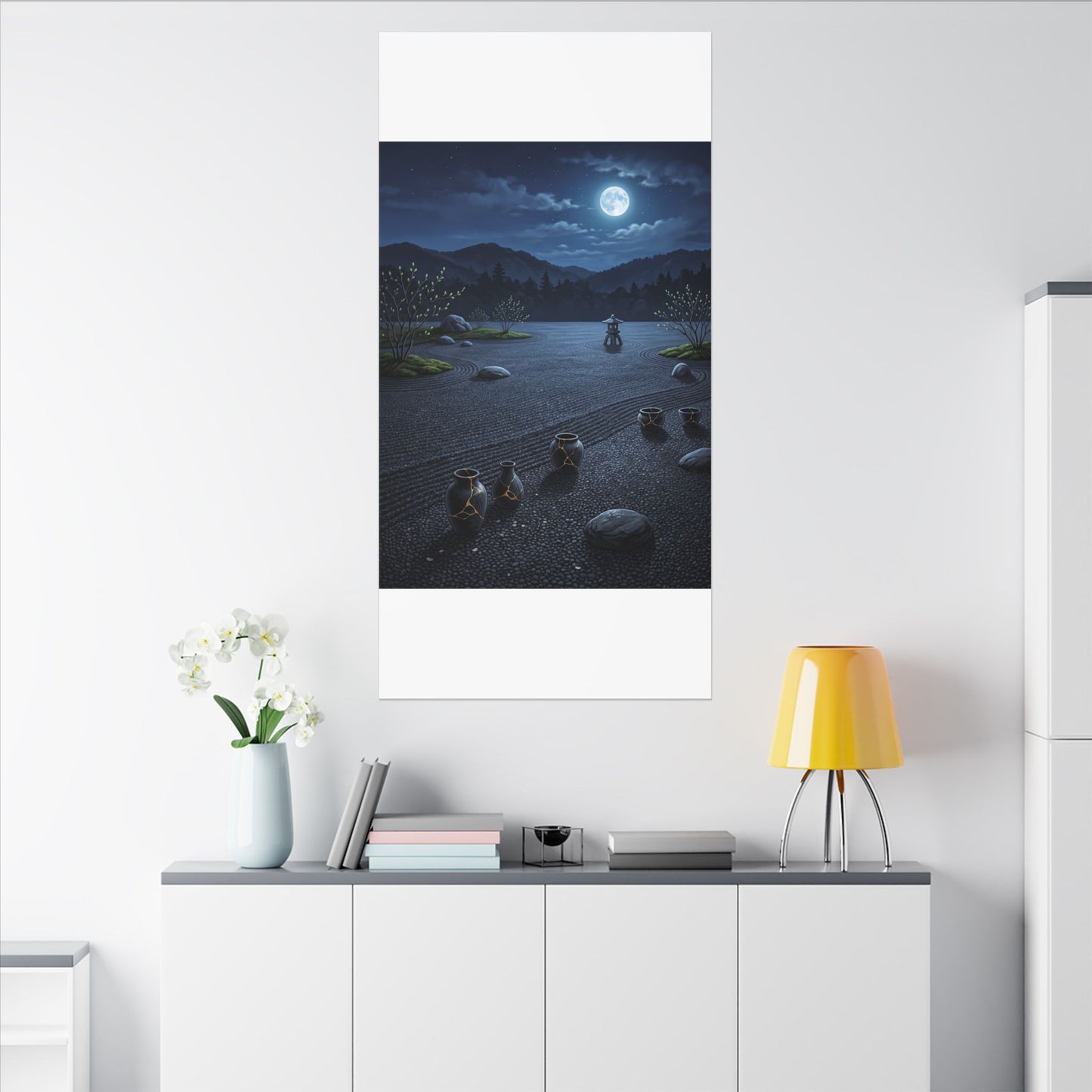 Kintsugi Moonlit Garden in Moonlight | Gold Repair Canvas Art