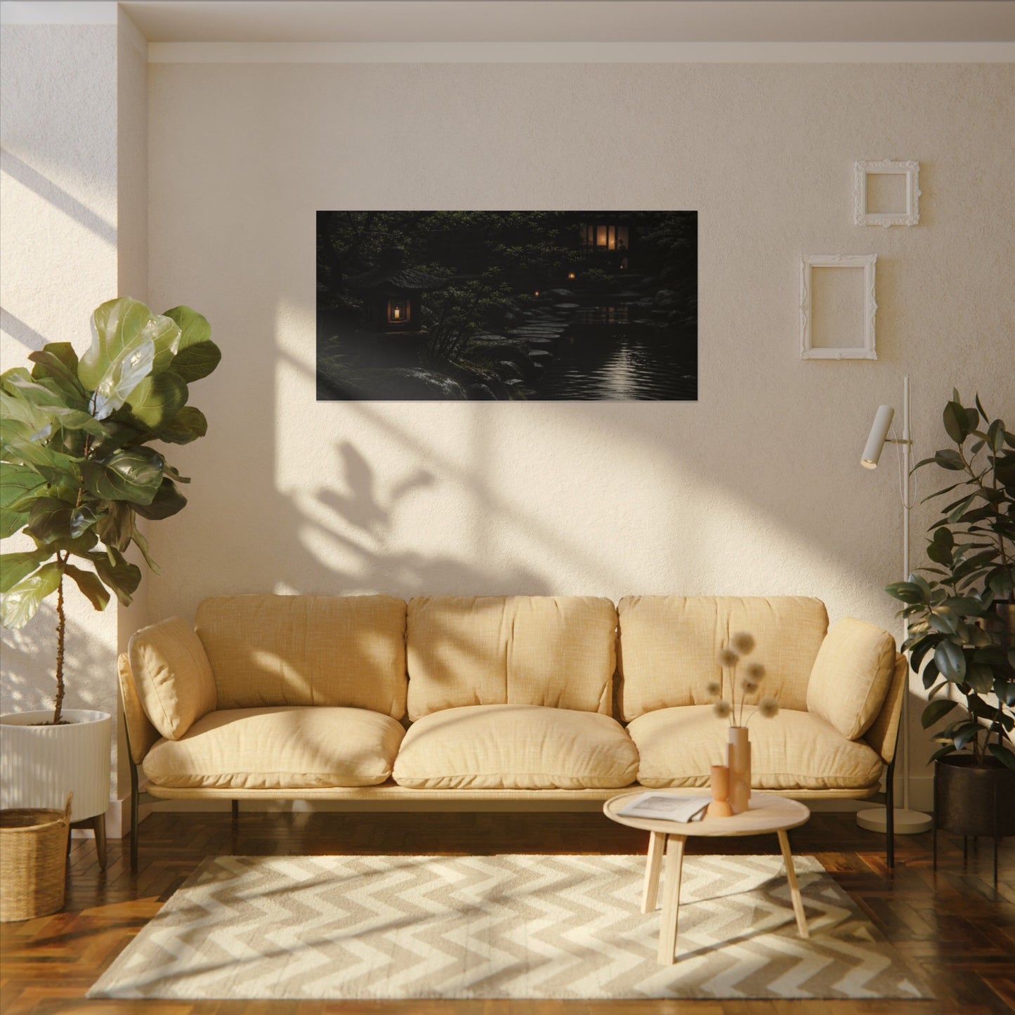 Moonlit Garden Shadow Zen Canvas Art | Sophisticated Dark Japandi Art