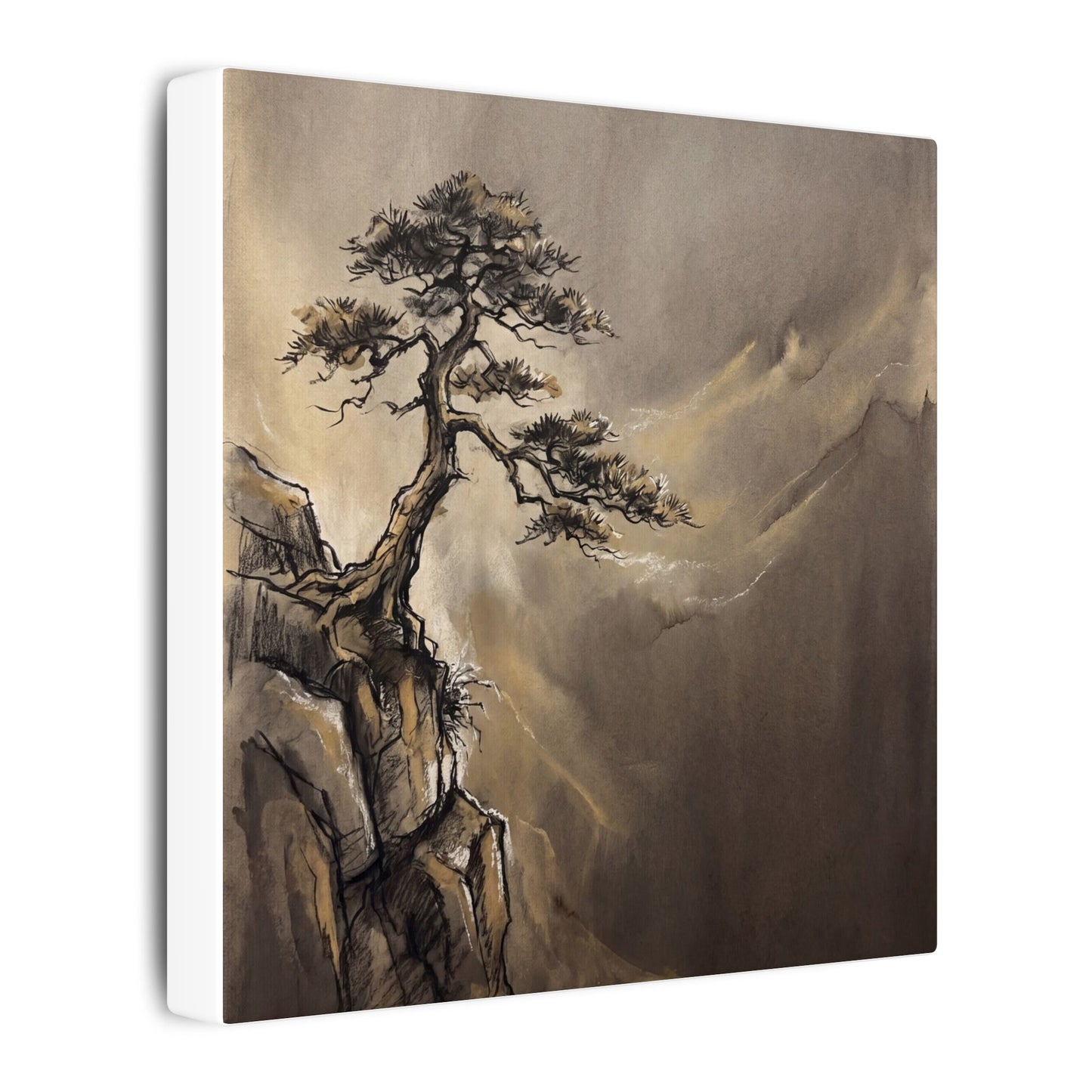 Pine Tree Charcoal Ink Canvas Art | Luxurious Dark Japandi Art