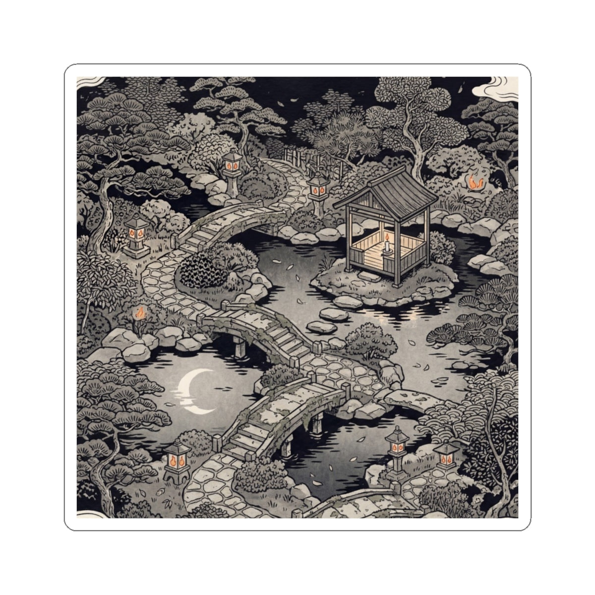 Calm Moonlit Garden Sticker - Ukiyo E Inspired Zen Art Print