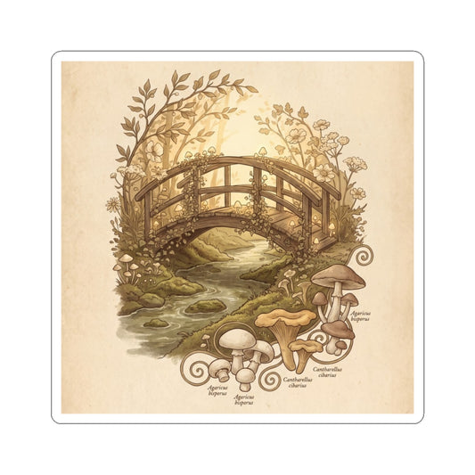 Wooden Bridge Mushroom Illustration Sticker | Earthy Cottagecore Art