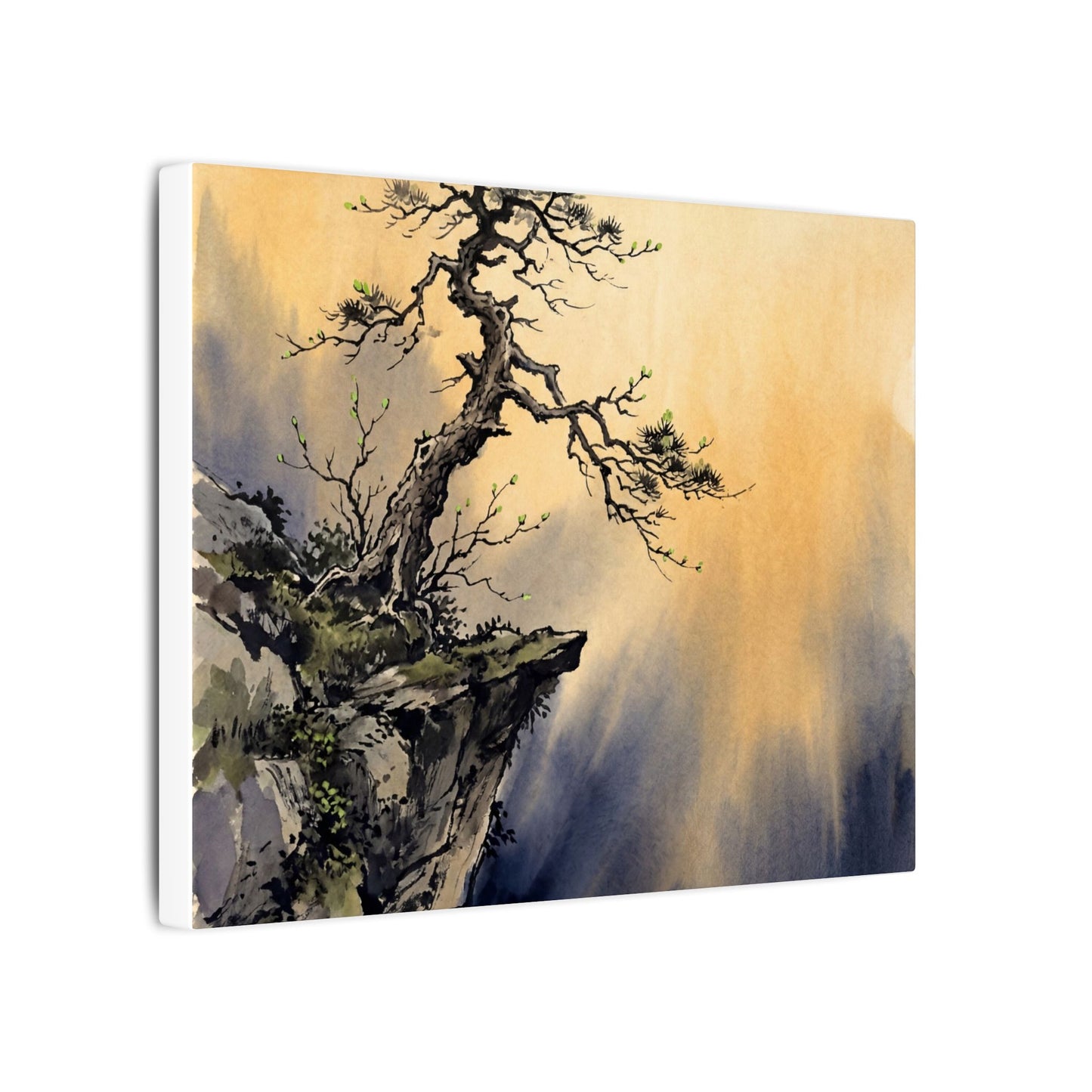 Zen Pine Tree in Golden Hour | Sumi E Canvas Art