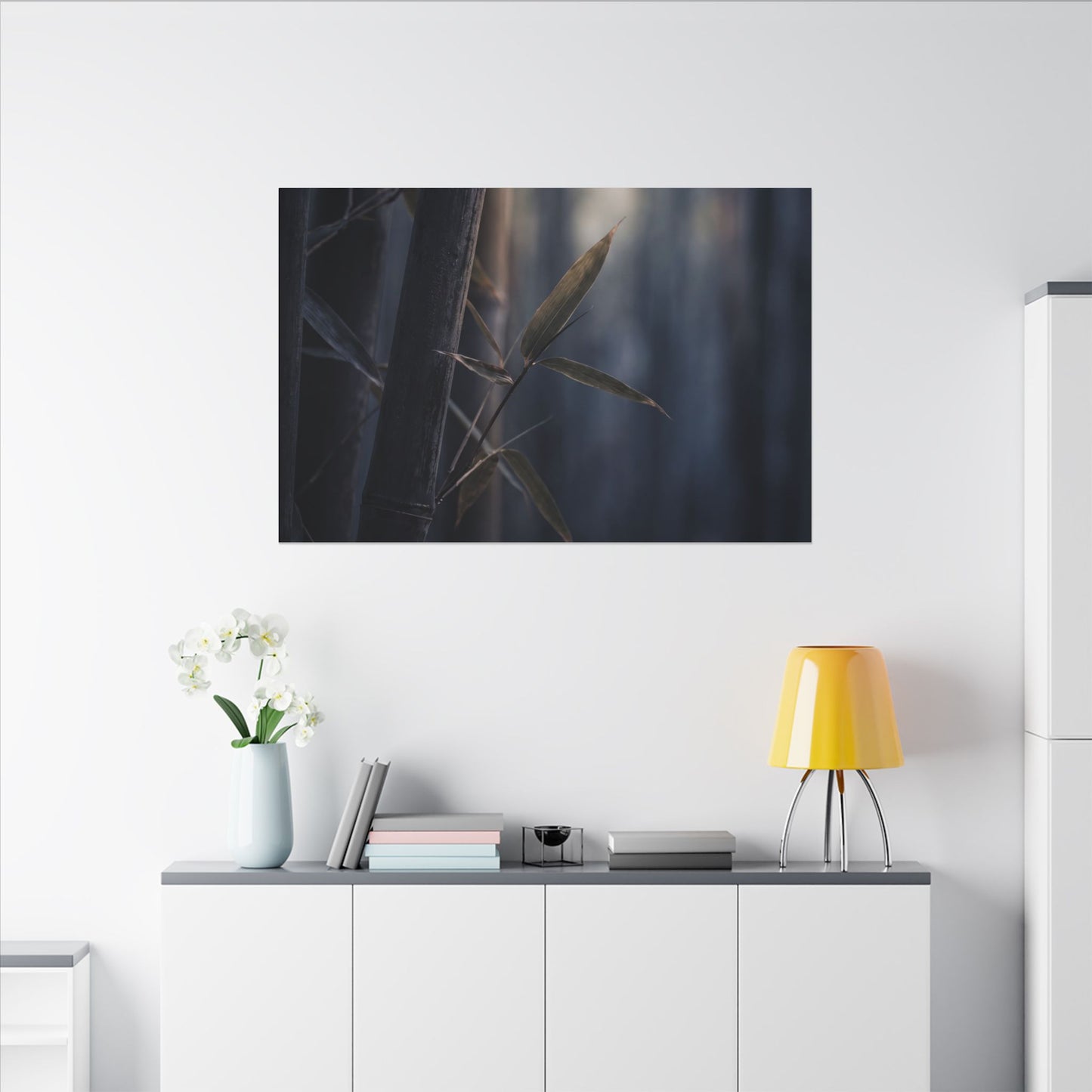 Dark Japandi Bamboo Grove in Dawn | Moody Minimal Canvas Art