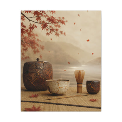 Tea Ceremony Canvas Art | Autumn Kintsugi Gold Vein Art