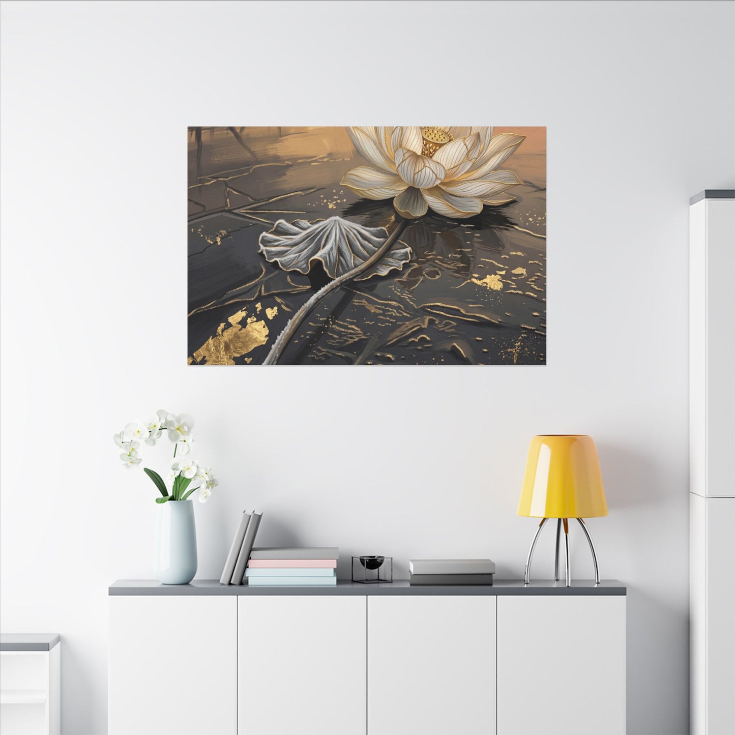 Kintsugi Lotus Flower in Golden Hour | Gold Vein Canvas Art