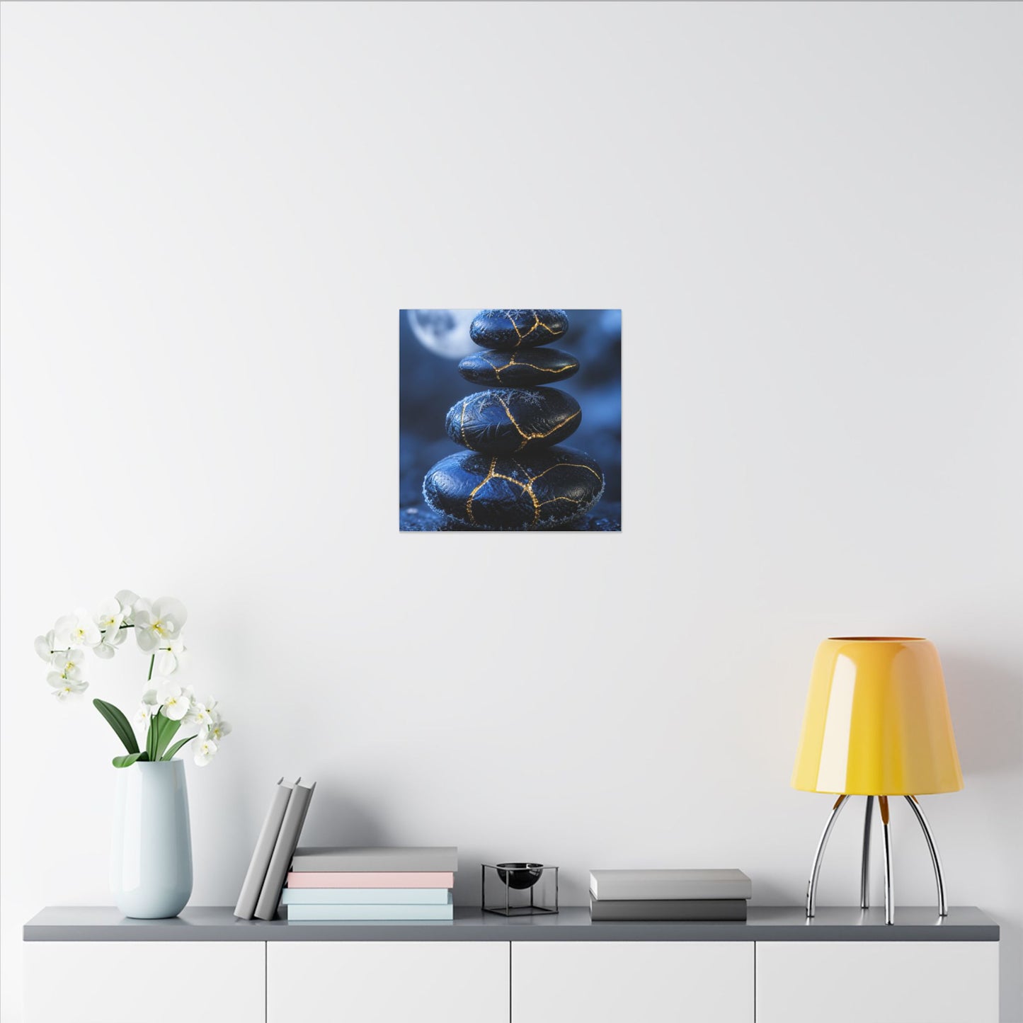 River Stones Canvas Art | Winter Kintsugi Gold Repair Art