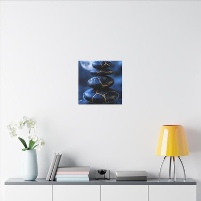 River Stones Canvas Art | Winter Kintsugi Gold Repair Art