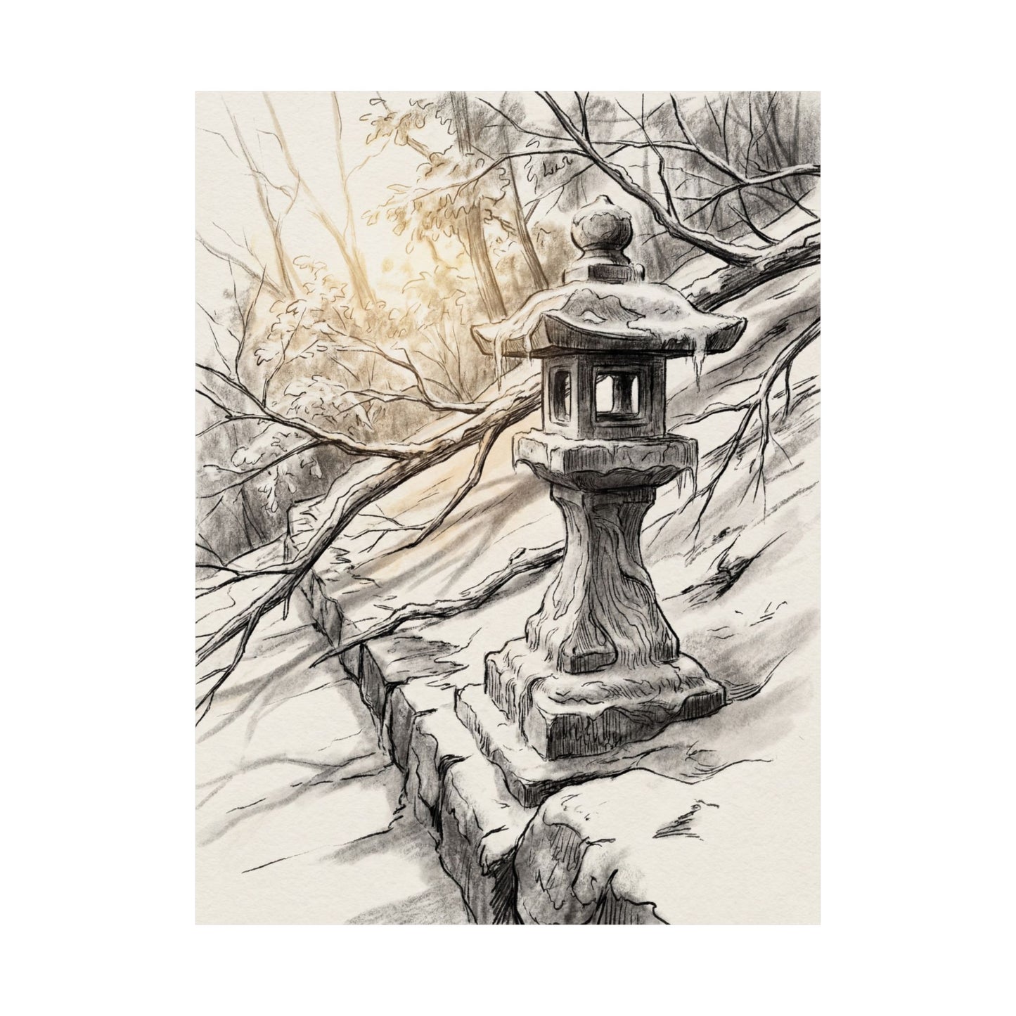 Japandi Stone Lantern in Golden Hour | Minimal Line Wall Art Print
