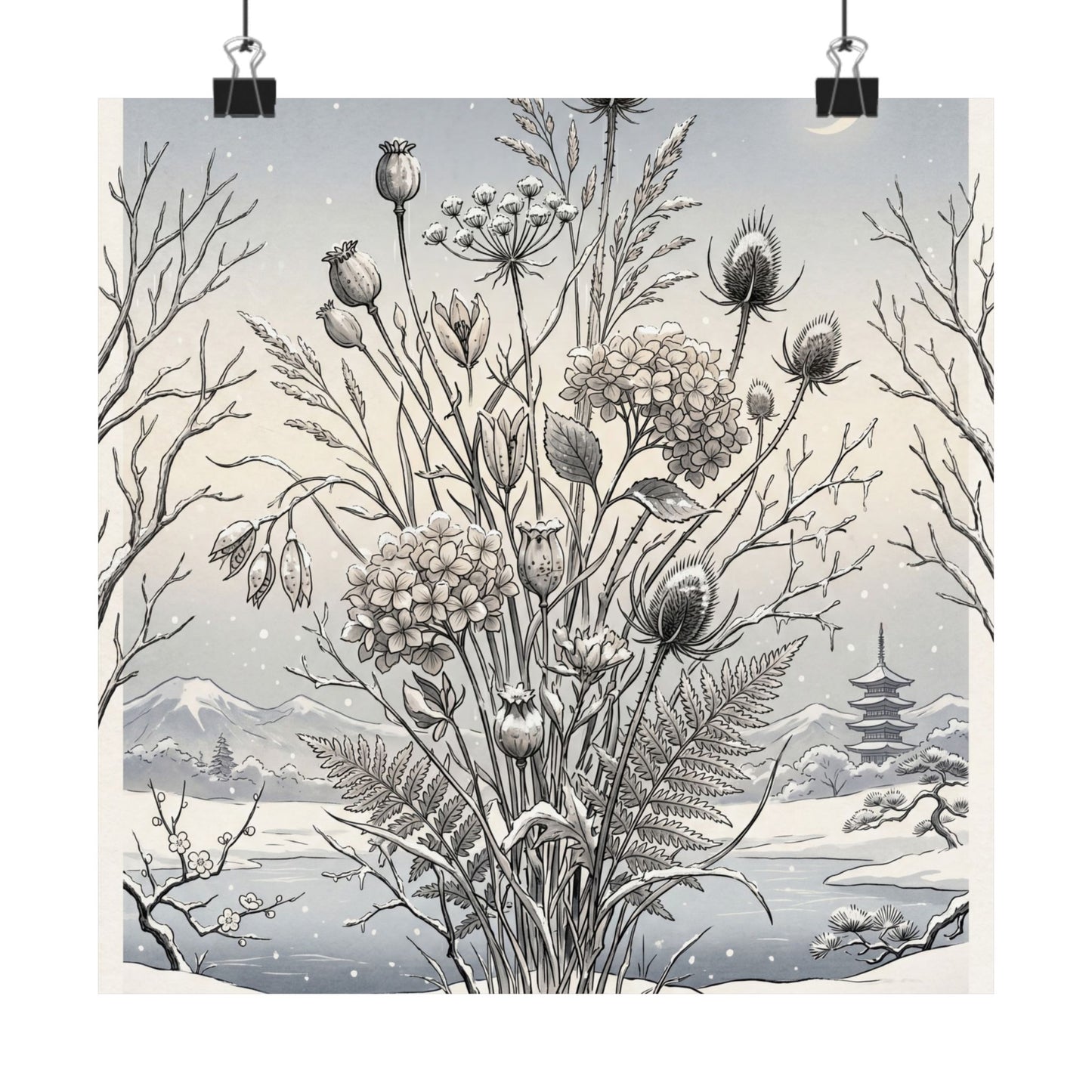 Zen Dried Flowers in Dawn | Ukiyo E Inspired Wall Art Print