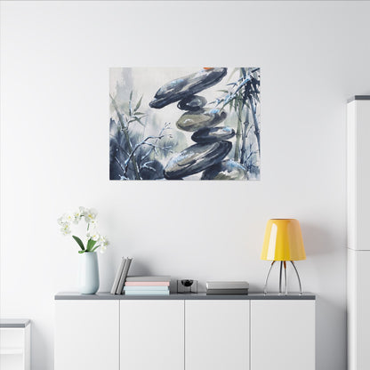 Zen River Stones in Moonlight | Sumi E Canvas Art