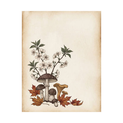 Autumn Cherry Blossom Mushroom Illustration Wall Art Print | Enchanting Decor