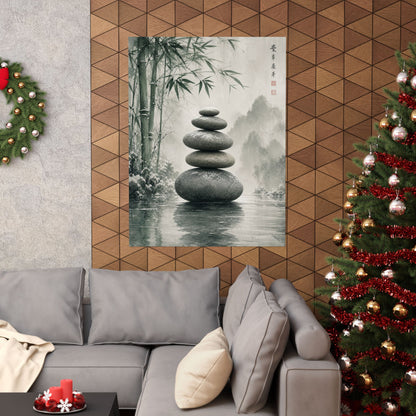 River Stones Sumi E Wall Art Print | Tranquil Zen Art
