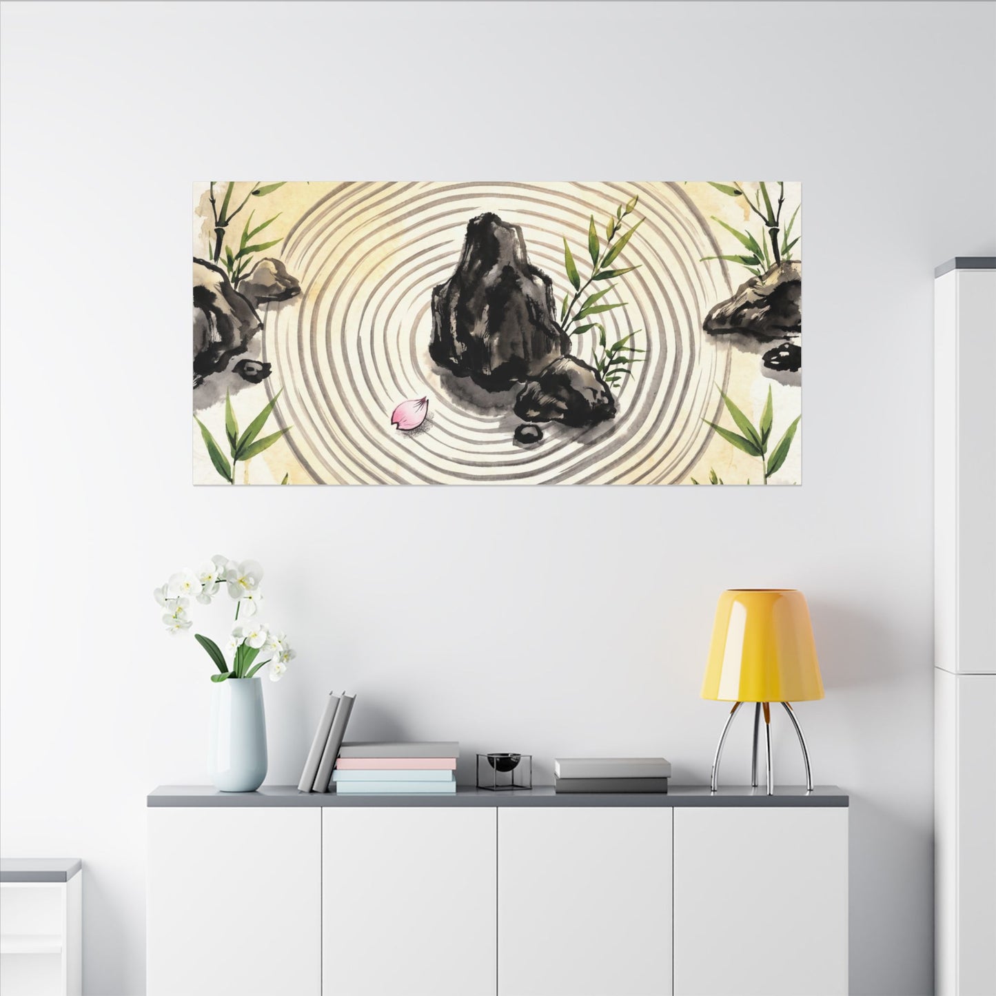 Zen Rock Garden in Golden Hour | Sumi E Canvas Art