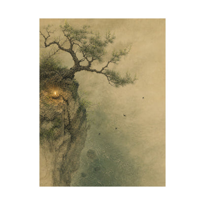 Japandi Pine Tree in Candlelight | Minimal Line Wall Art Print