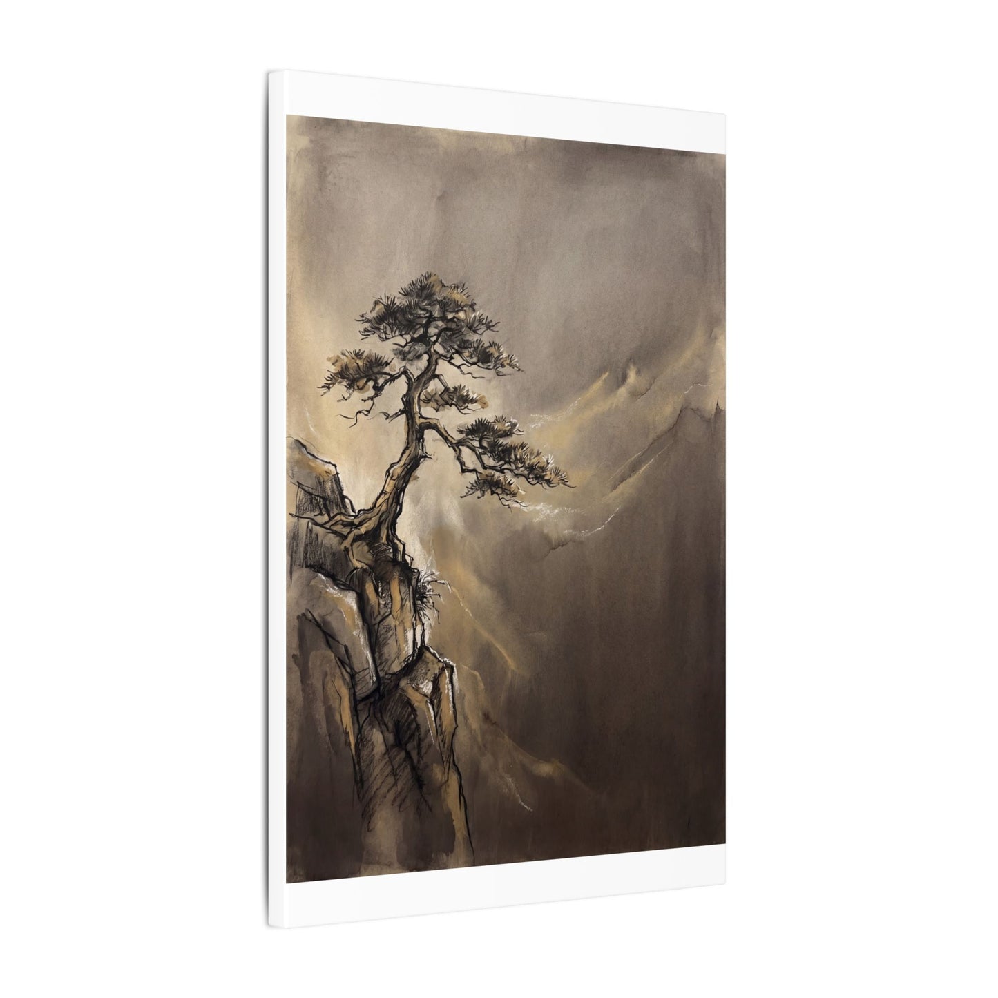 Pine Tree Charcoal Ink Canvas Art | Luxurious Dark Japandi Art
