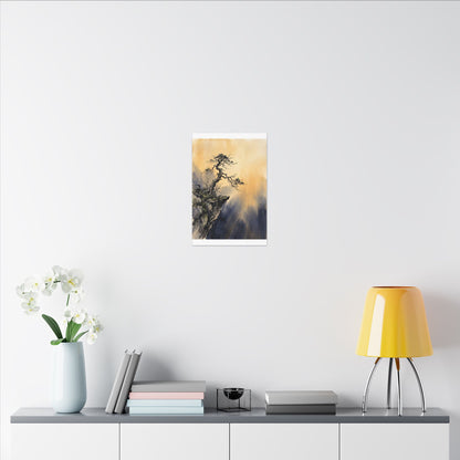 Zen Pine Tree in Golden Hour | Sumi E Canvas Art