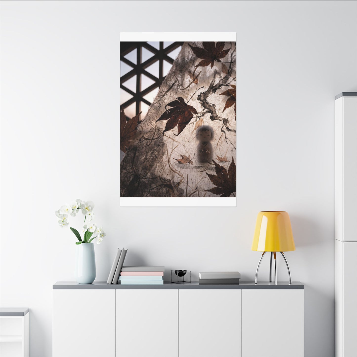 Shoji Screen Autumn Canvas Art | Dark Japandi Atmospheric Design