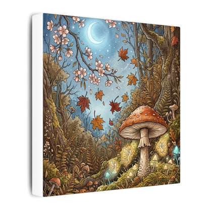 Autumn Cherry Blossom Mushroom Illustration Canvas Art | Enchanting Decor