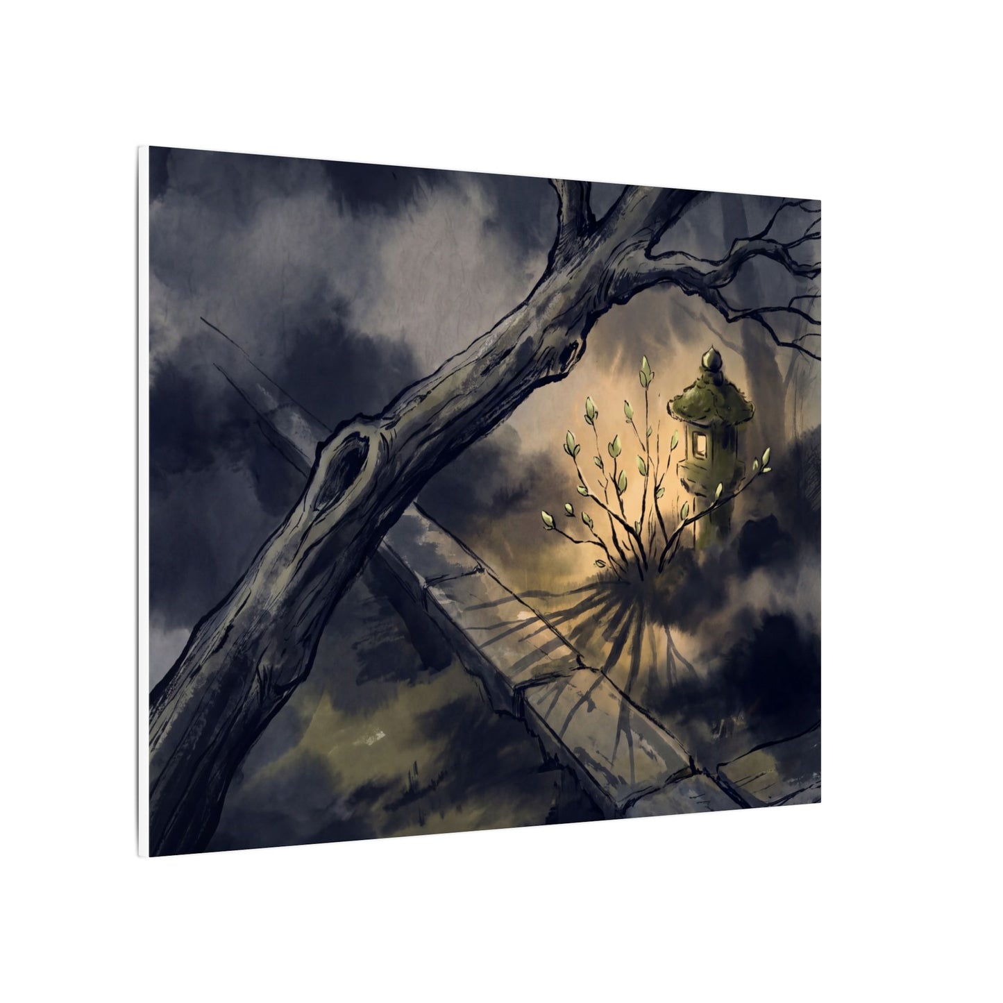 Dark Japandi Moonlit Garden in Golden Hour | Charcoal Ink Canvas Art