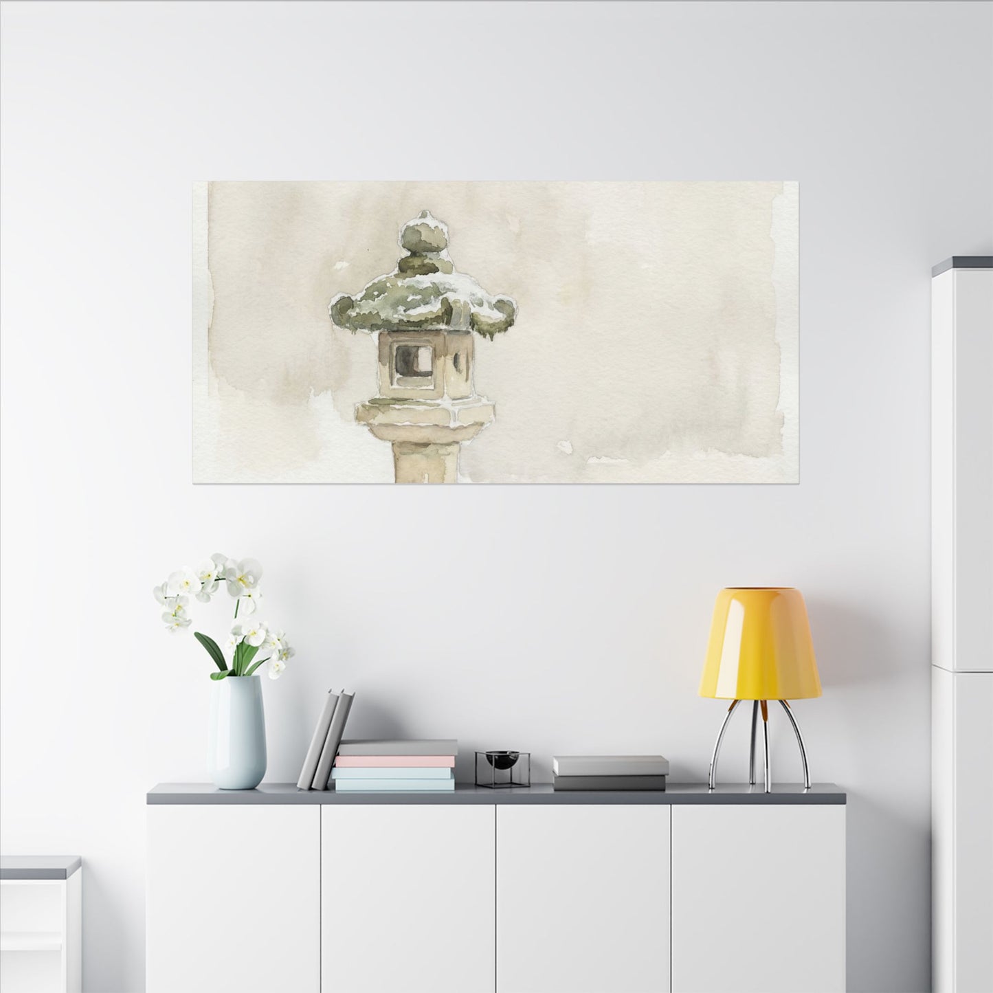 Stone Lantern Winter Canvas Art | Japandi Earthy Design