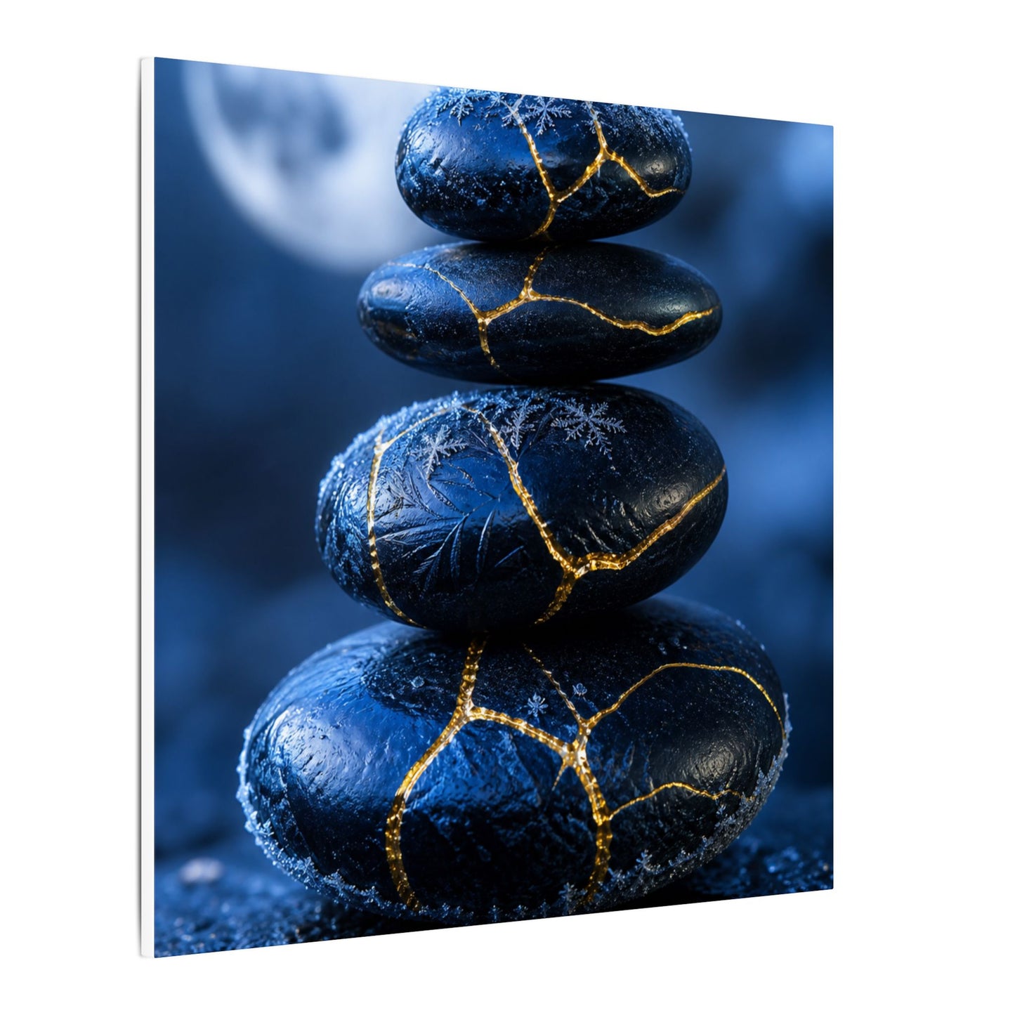 River Stones Canvas Art | Winter Kintsugi Gold Repair Art