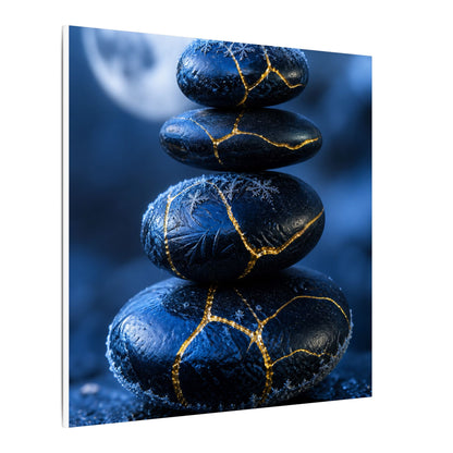 River Stones Canvas Art | Winter Kintsugi Gold Repair Art