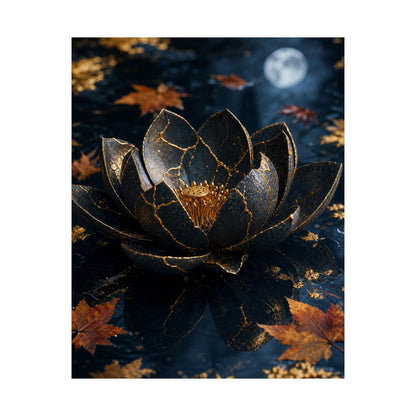 Kintsugi Lotus Flower in Moonlight | Gold Repair Wall Art Print