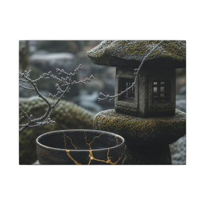 Stone Lantern Canvas Art | Winter Kintsugi Gold Repair Art