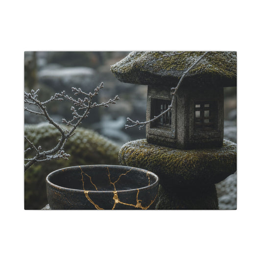 Stone Lantern Canvas Art | Winter Kintsugi Gold Repair Art