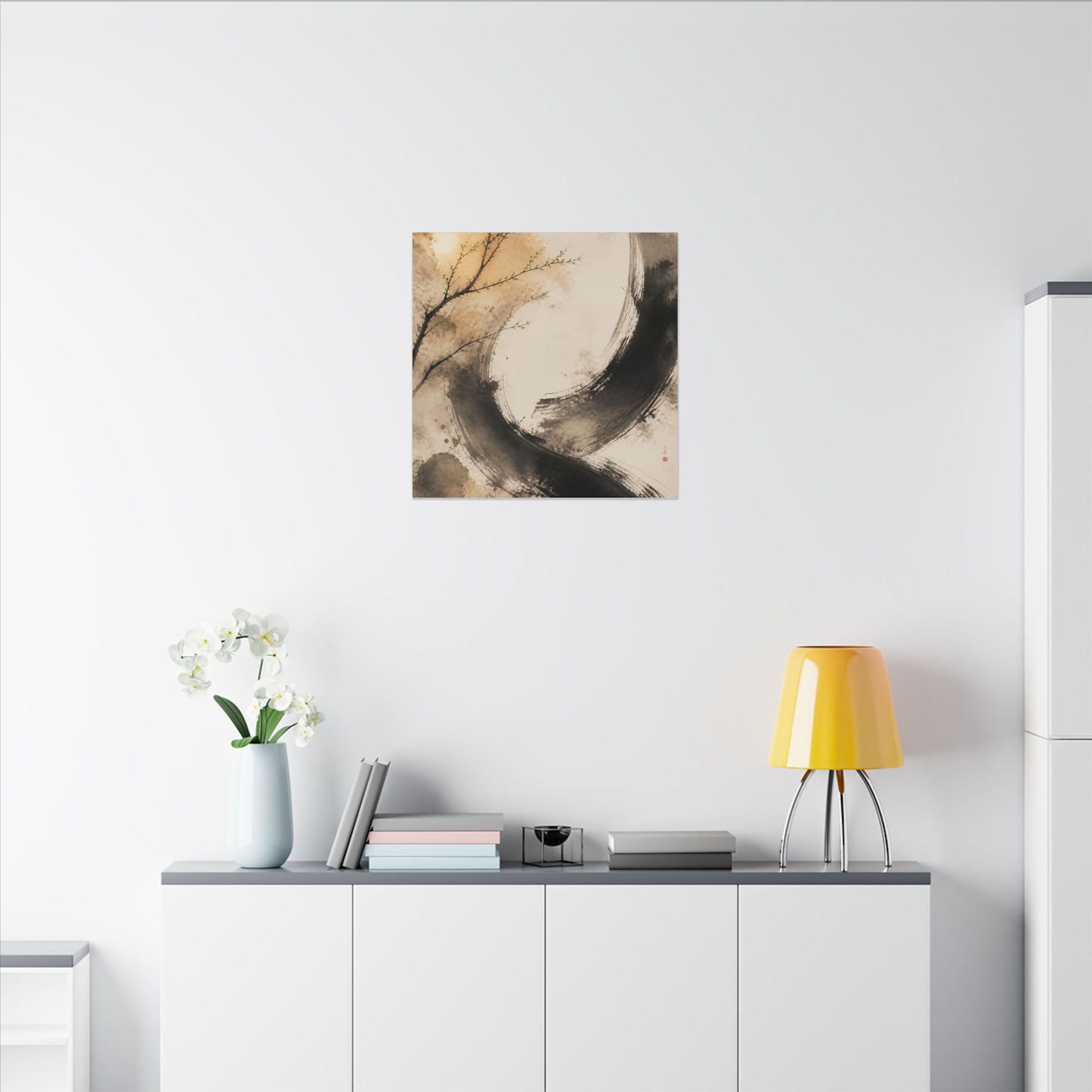 Japandi Ink Brushstroke in Golden Hour | Watercolor Canvas Art