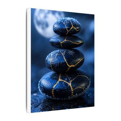 River Stones Canvas Art | Winter Kintsugi Gold Repair Art