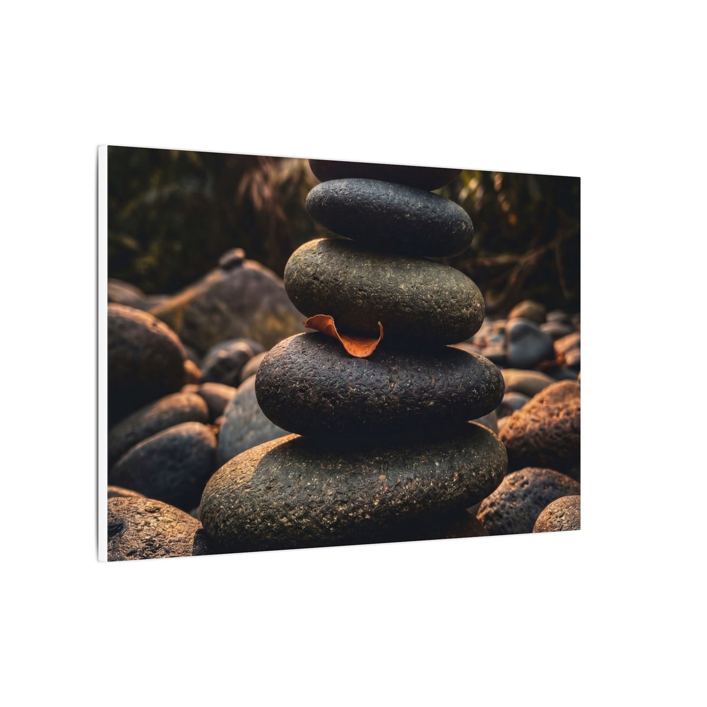 Dark Japandi River Stones in Golden Hour | Moody Minimal Canvas Art