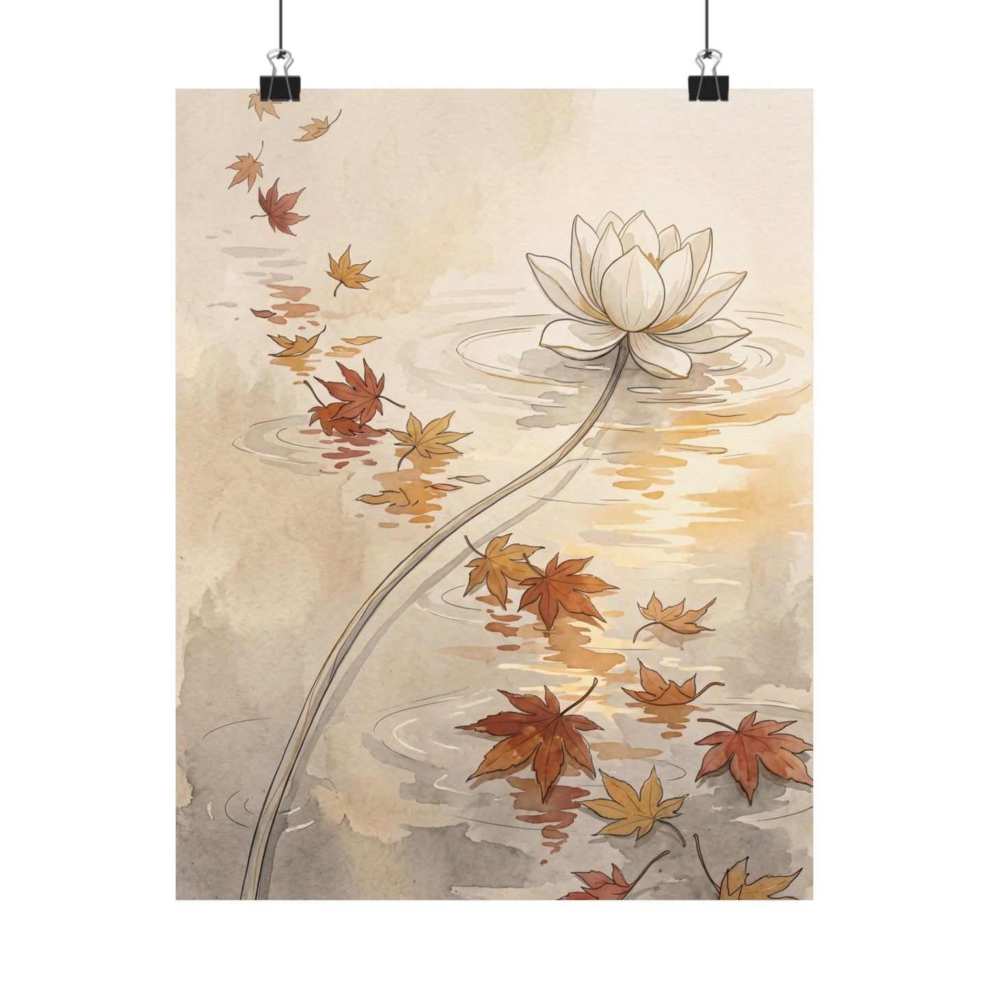Japandi Lotus Flower in Golden Hour | Minimal Line Wall Art Print