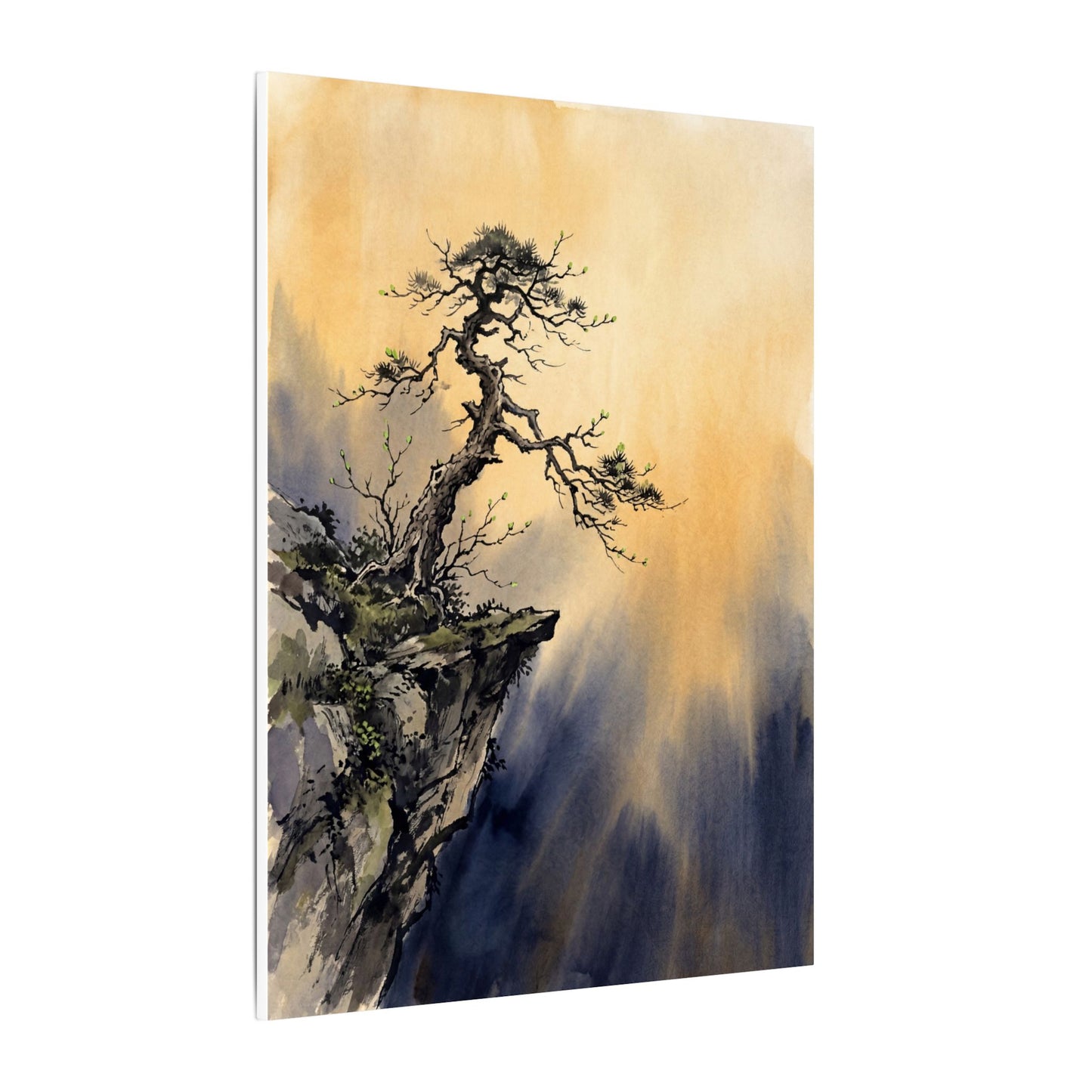 Zen Pine Tree in Golden Hour | Sumi E Canvas Art