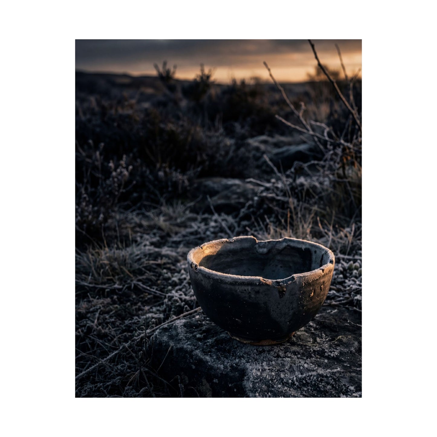 Dark Japandi Ceramic Bowl in Golden Hour | Dark Texture Wall Art Print