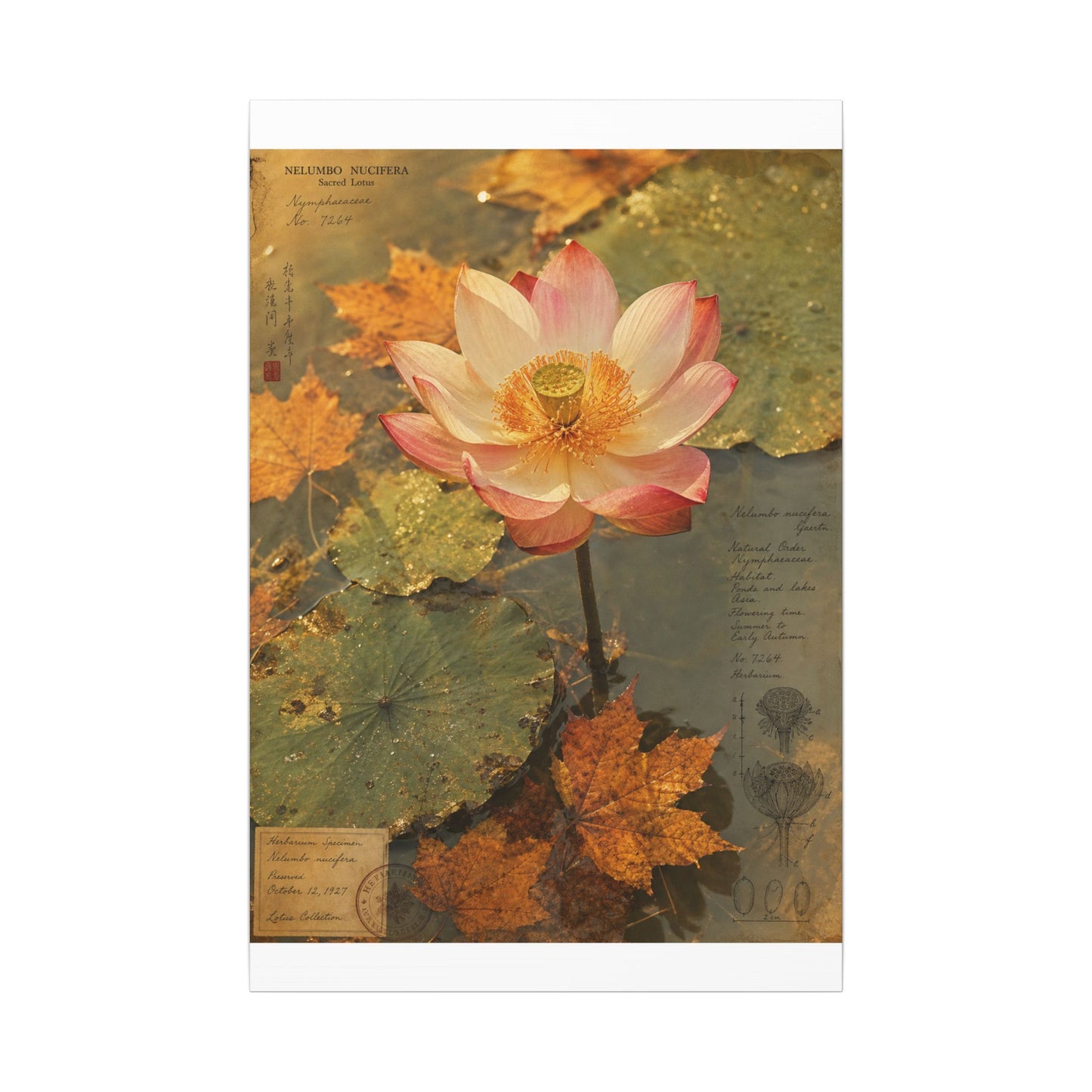 Autumn Lotus Flower Herbarium Canvas Art | Rustic Decor