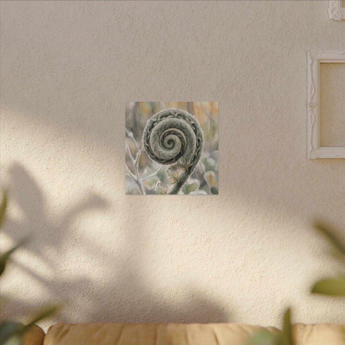 Winter Fern Unfurling Watercolor Canvas Art | Cozy Decor