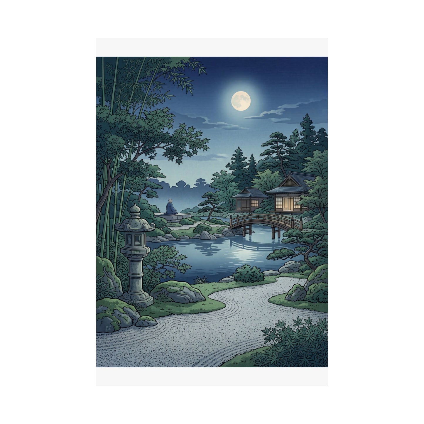 Kanso Moonlit Garden Wall Art Print - Zen Ukiyo E Inspired