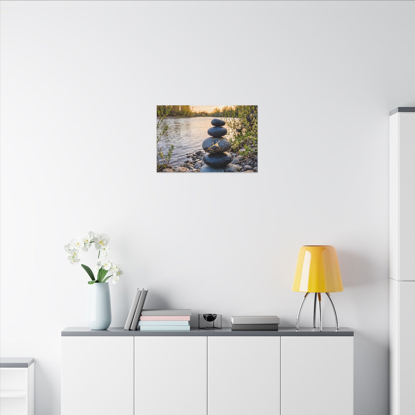 Kintsugi River Stones in Golden Hour | Gold Vein Canvas Art
