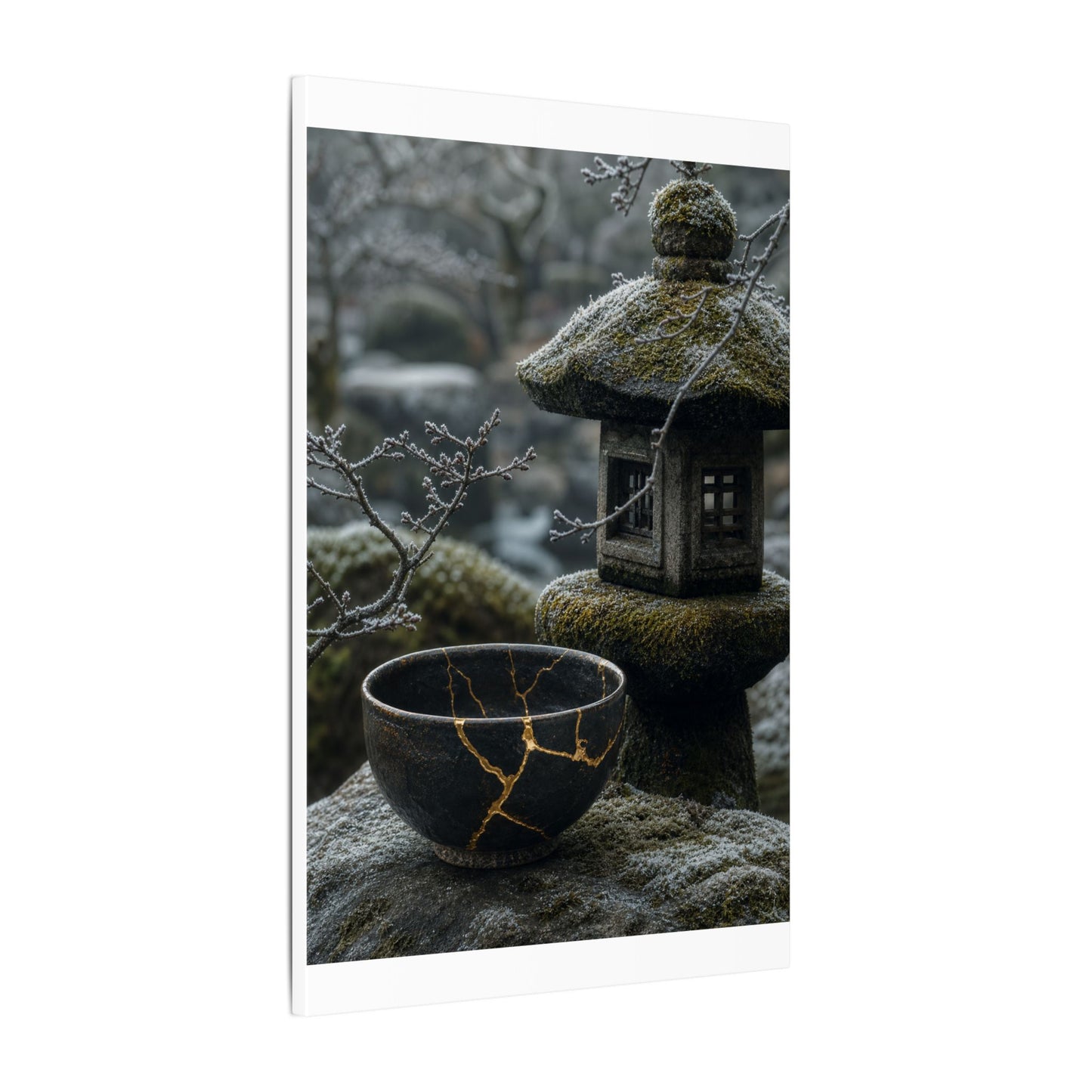 Stone Lantern Canvas Art | Winter Kintsugi Gold Repair Art