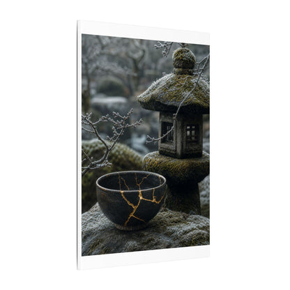Stone Lantern Canvas Art | Winter Kintsugi Gold Repair Art