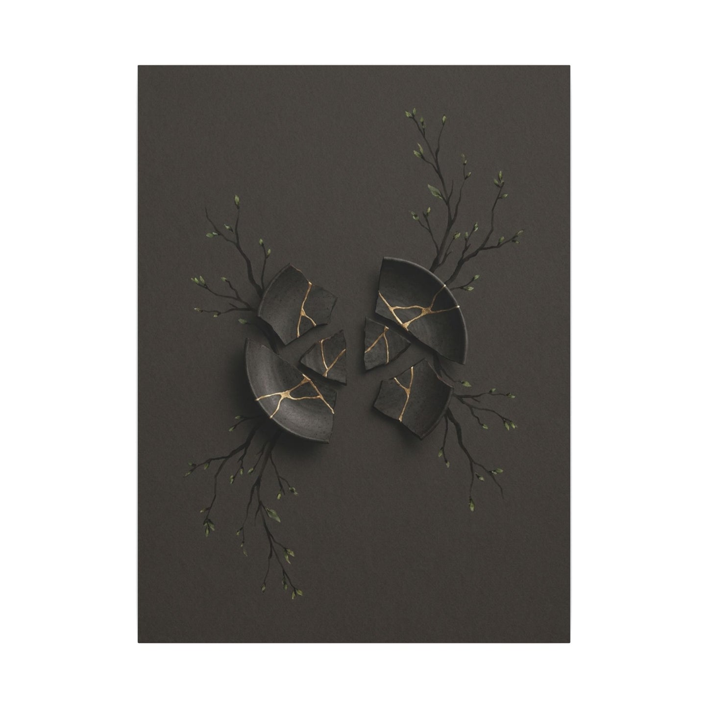 Sophisticated Broken Pottery Canvas Art - Charcoal Ink Dark Japandi
