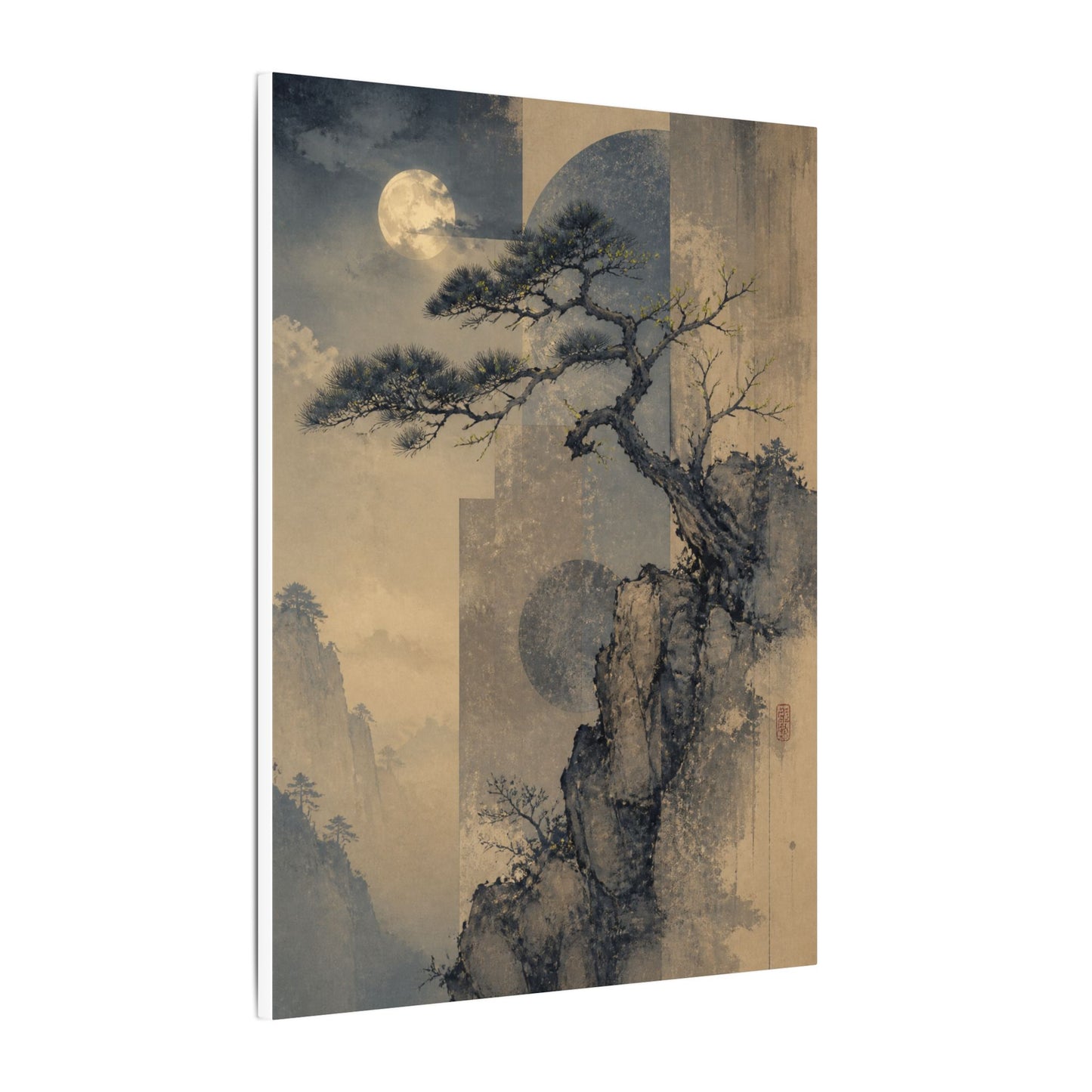 Japandi Pine Tree in Moonlight | Japanese Pattern Canvas Art