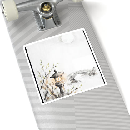 Spring Moonlit Garden Sumi E Sticker | Serene Decor Art Print