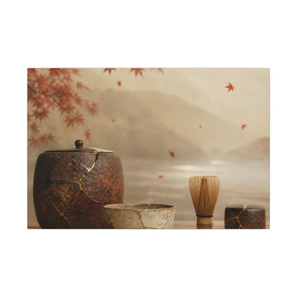 Tea Ceremony Canvas Art | Autumn Kintsugi Gold Vein Art